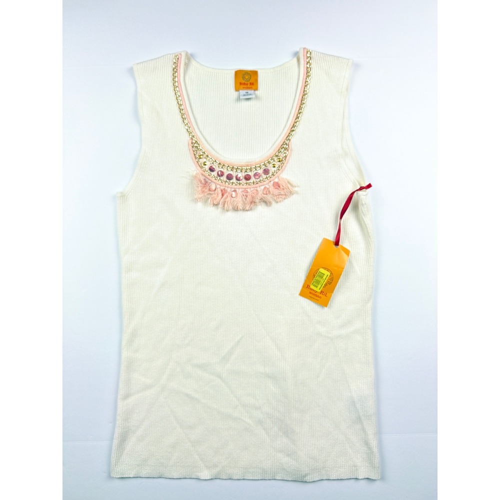 Ruby Rd Moroccan Sands Cream Ribbed Sleeveless Knit Top Embellished Neckline 1X